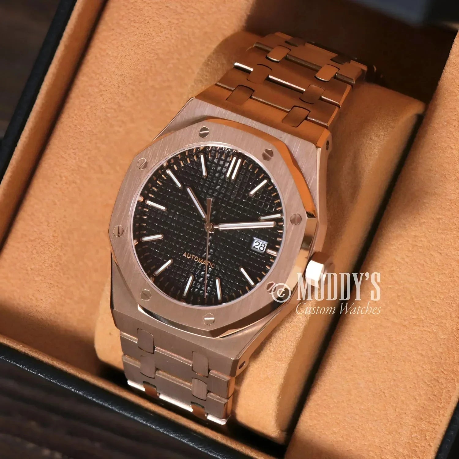 Rose Gold wristwatch with black dial from Seiko Mod Royal, featuring NH35 Automatic movement
