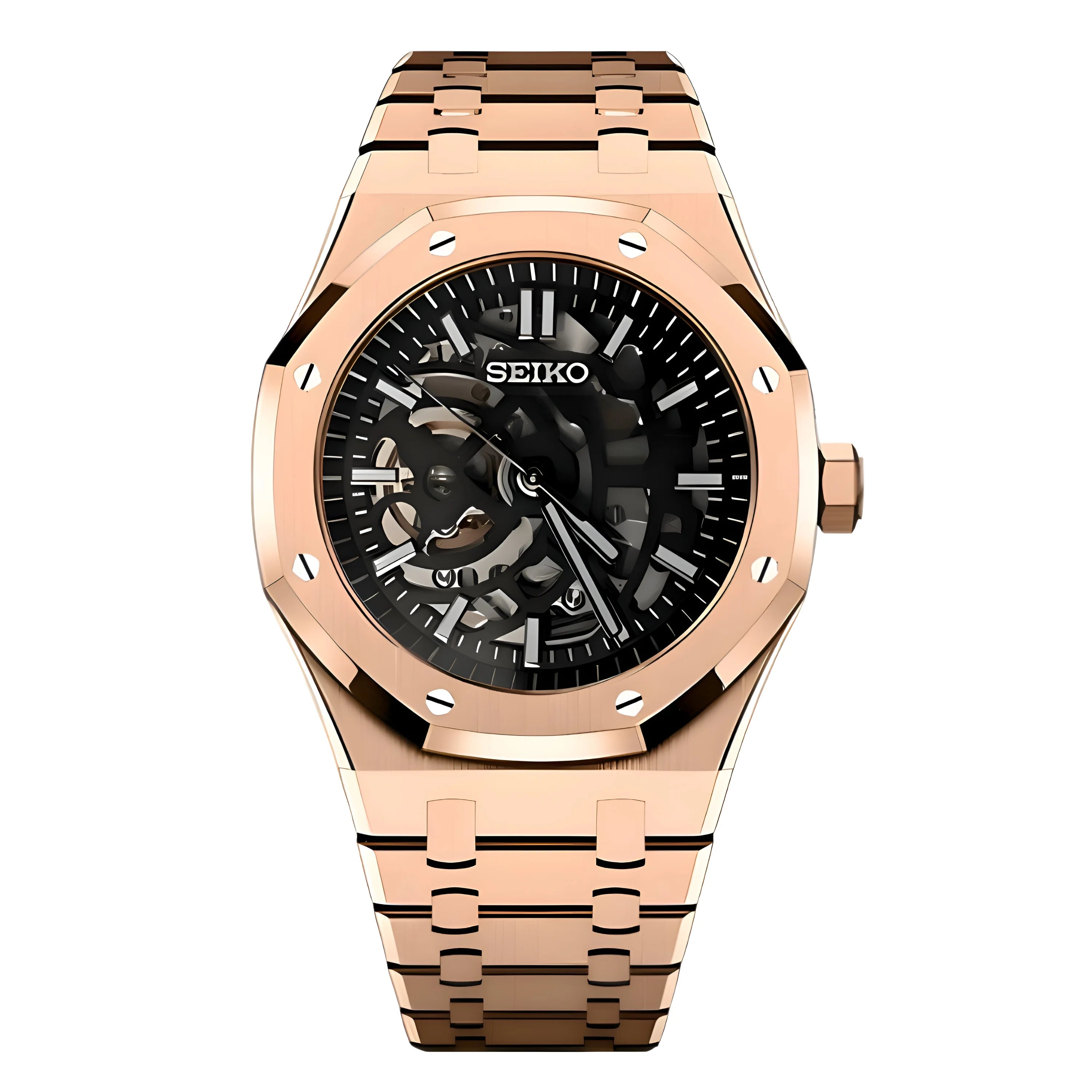 Rose gold Seiko watch with black dial, part of the Royal Oak collection