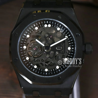 Black skeletonized wristwatch Royal Seikoak with Seiko NH72 automatic movement