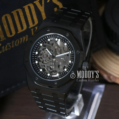 Black Skeletonized Wristwatch from Royal Seikoak featuring Seiko NH72 Automatic movement