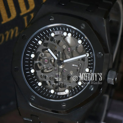 Black Skeletonized Wristwatch from Royal Seikoak featuring Seiko NH72 Automatic movement
