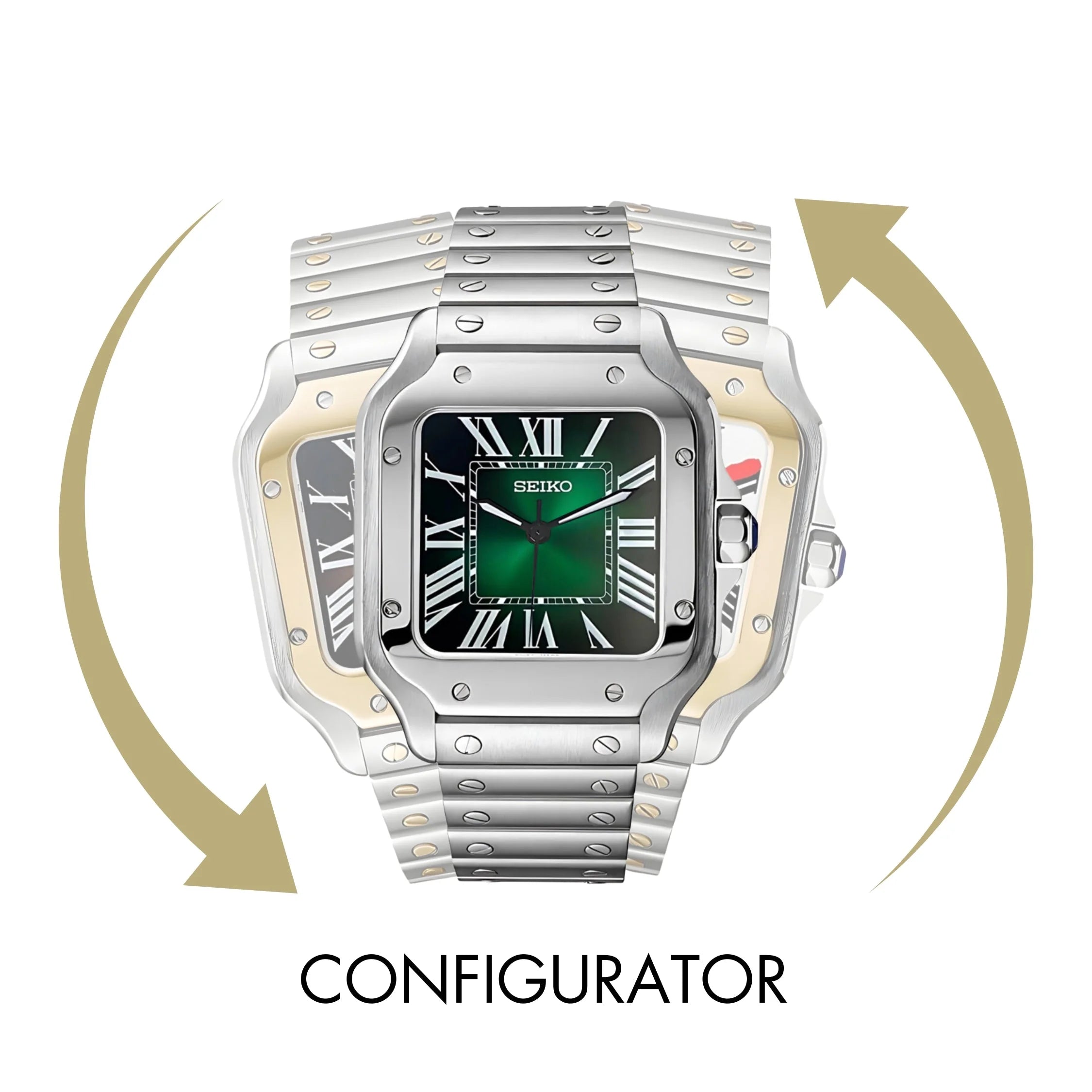 Luxury wristwatch with square green dial, Roman numerals, and two-tone bracelet in Santeiko Configurator