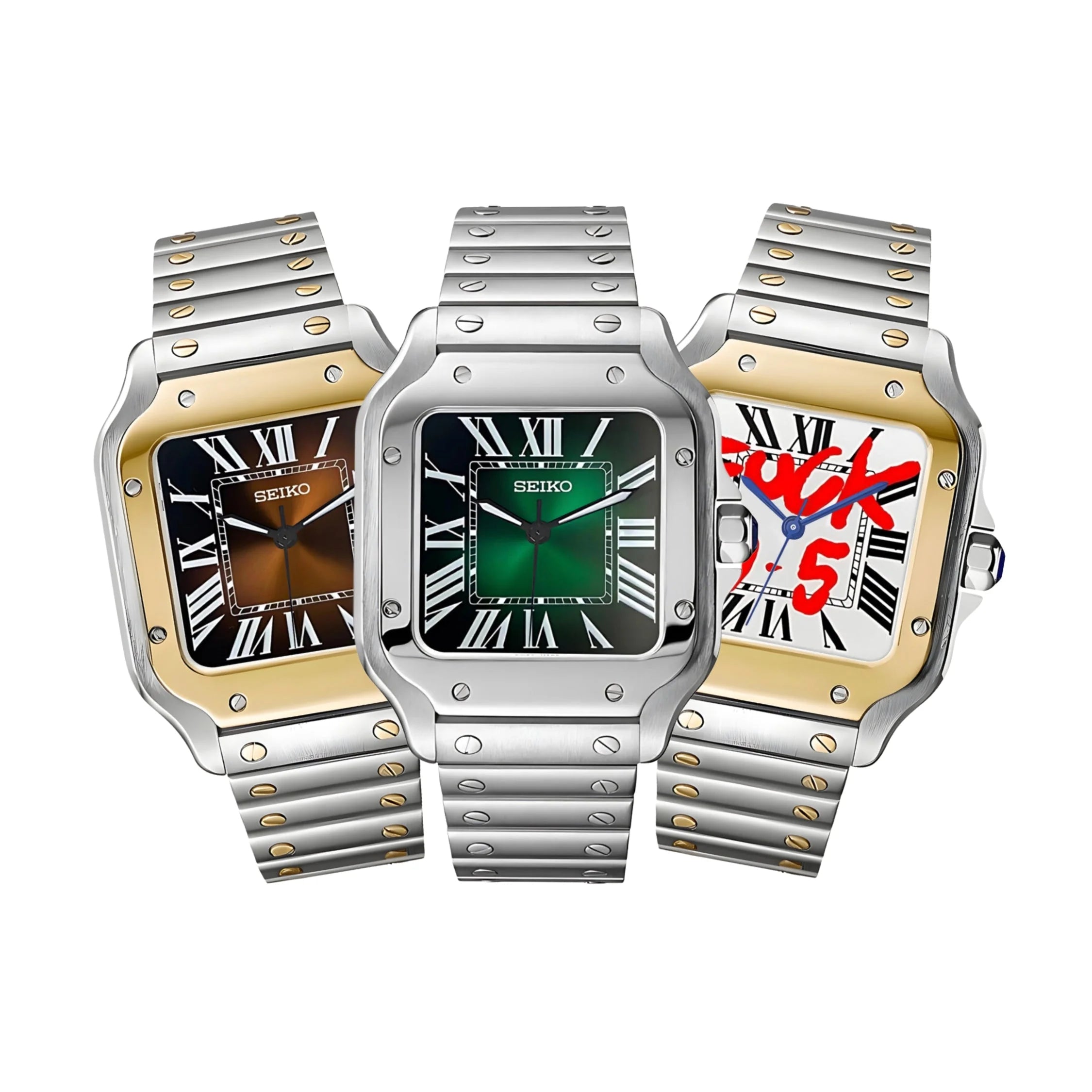 Three luxury square-faced watches in silver and gold tones displayed in Santeiko Configurator