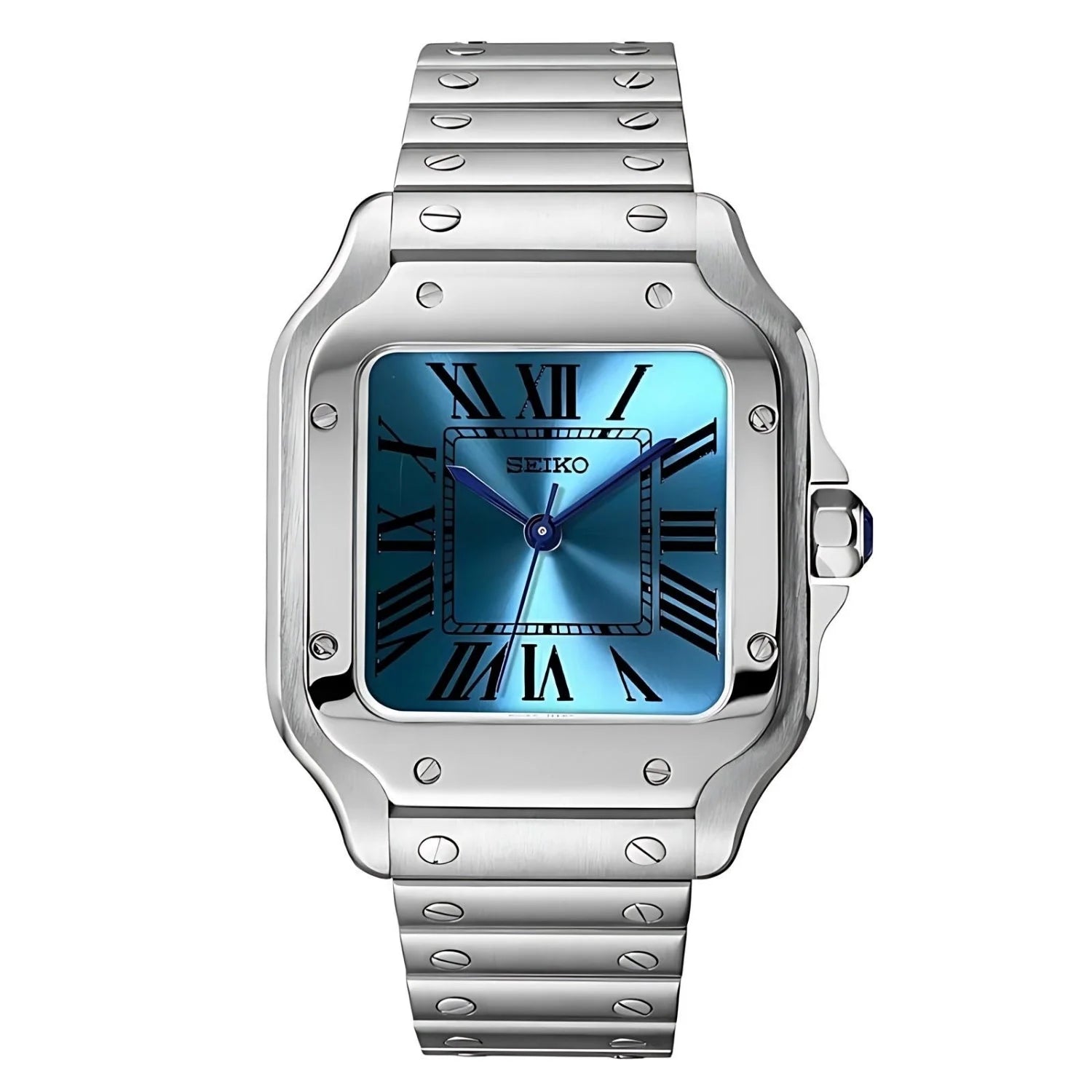 Silver Seiko Mod Santos Wristwatch With a Square Blue Dial And Roman Numeral Markers