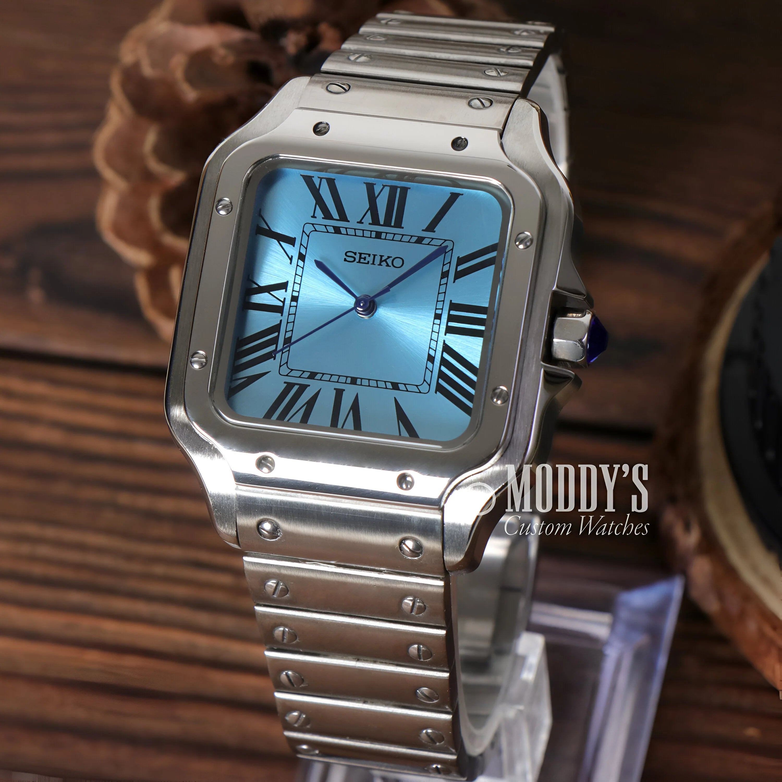 Seiko Mod Santos Wristwatch With Square Silver Case And Light Blue Dial Featuring Roman Numerals