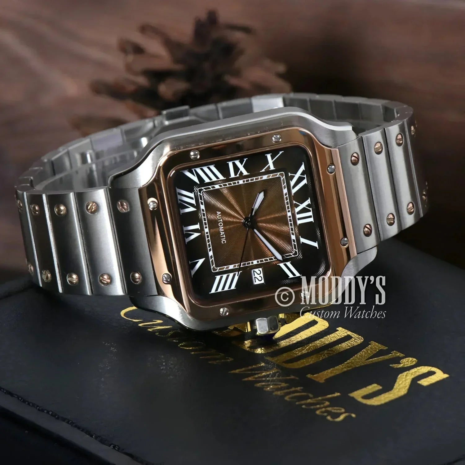 Silver and gold square wristwatch with Seiko NH35 automatic movement from Santeiko