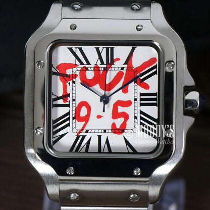 Silver wristwatch with White Fck 9 to 5 message, featuring Seiko NH35 automatic movement