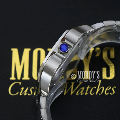 Silver wristwatch with blue jewel, Santeiko Seiko Mod Santos featuring Seiko NH35 automatic