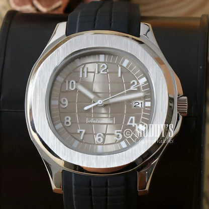 Silver-cased wristwatch with black band featuring Seiko NH35 automatic movement