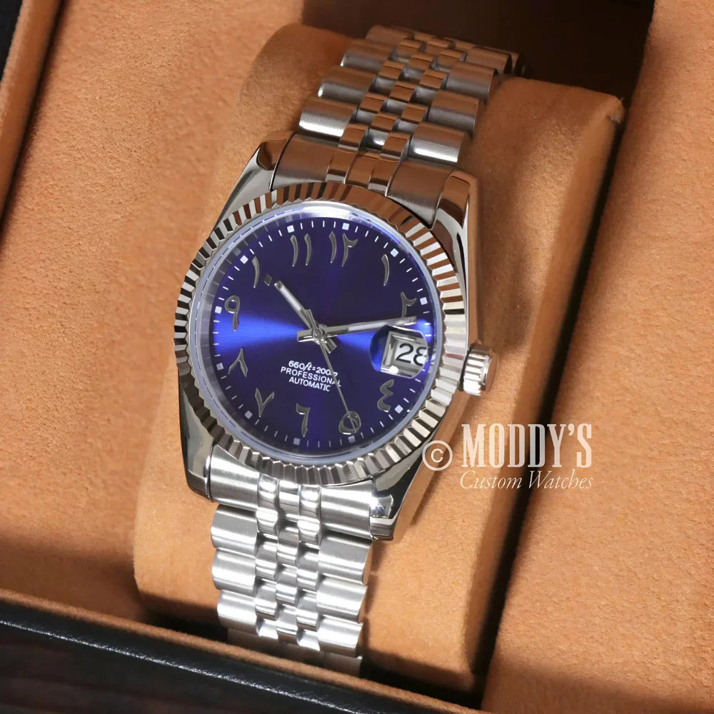 Silver Seikojust wristwatch with Arabic Royal Blue face and NH35 automatic movement