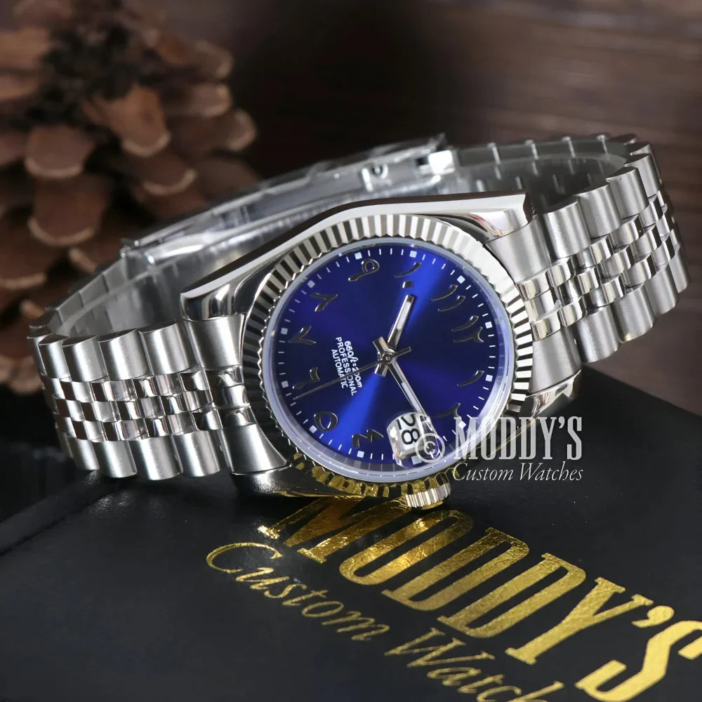 Silver Seiko mod wristwatch with Arabic Royal Blue face and NH35 automatic movement