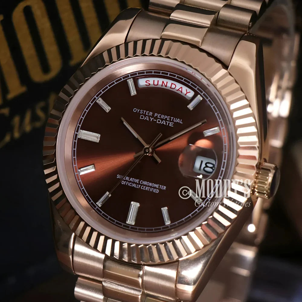 Daydate Rose Gold Rolex watch with chocolate crystals and 904L stainless steel case