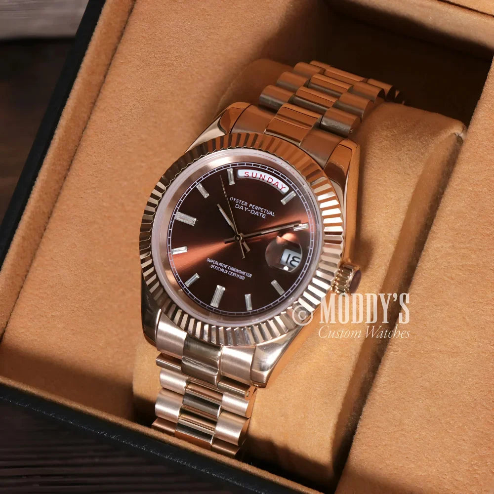 Seikojust Daydate Rose Gold watch with Chocolate Crystals and 904L stainless steel design