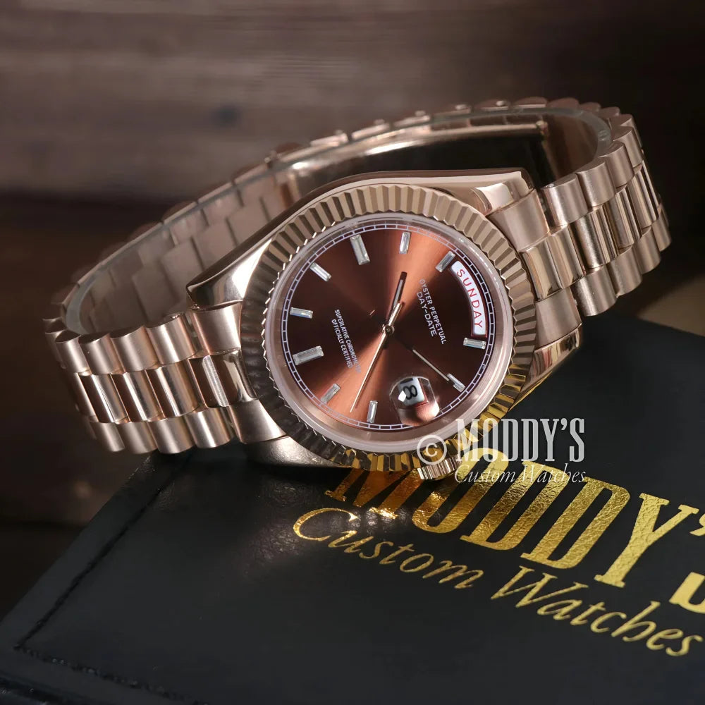 Daydate Rose Gold wristwatch with brown face and crystals by Seiko, 904L stainless steel