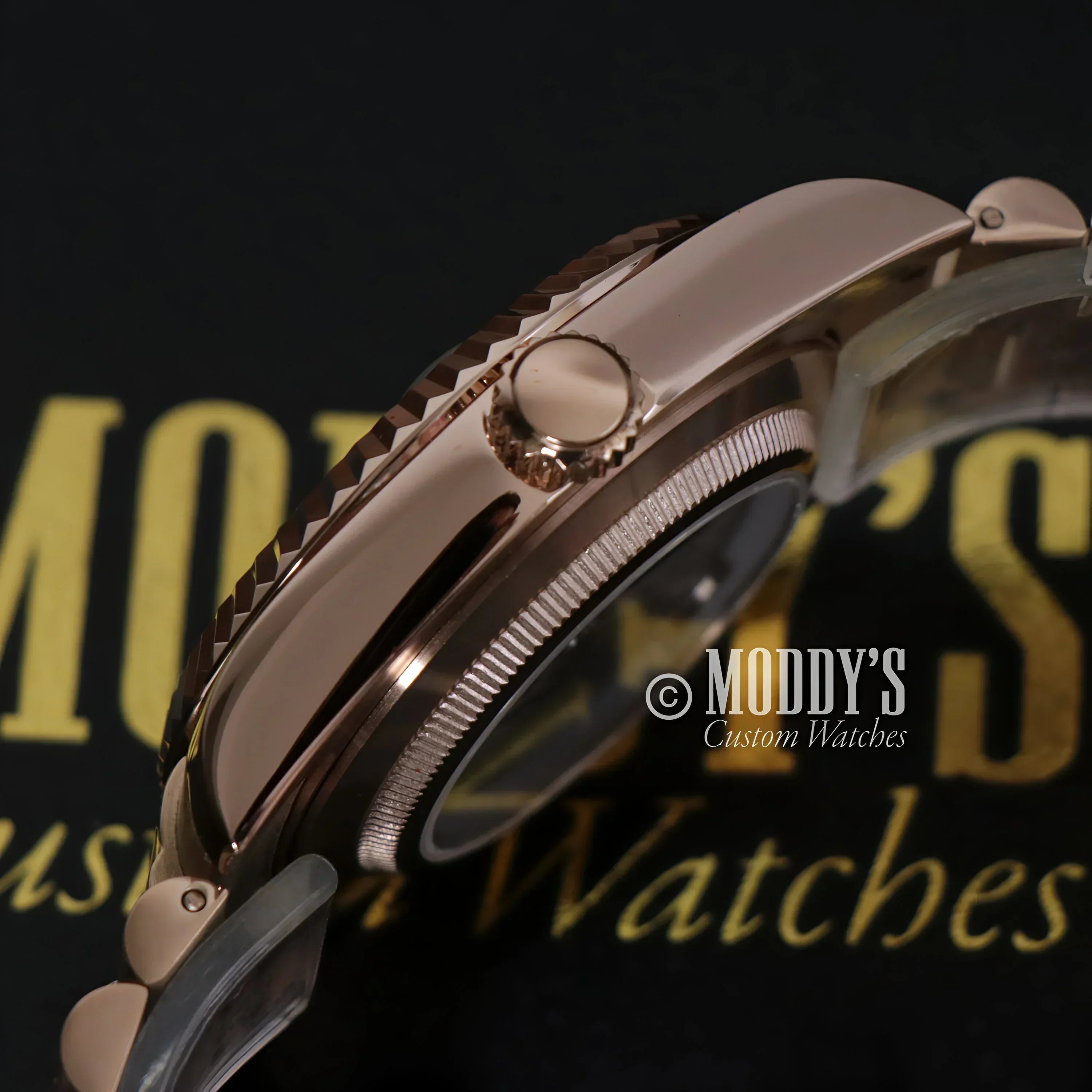 Daydate Rose Gold Seiko Mod watch with White Arabic dial and 904L stainless steel band