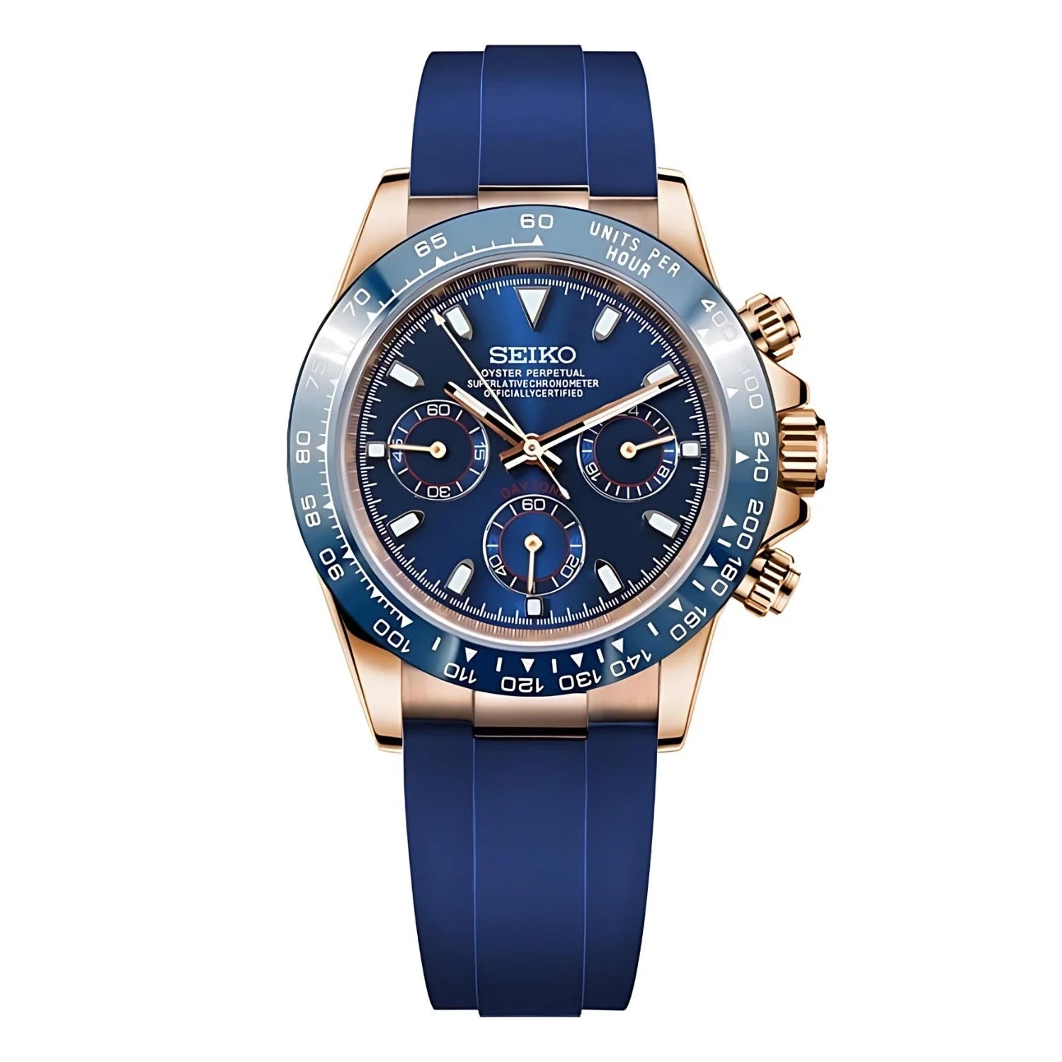 Seitona Royal Blue: Seiko Mod Chronograph Wristwatch With Blue Dial & Rose Gold Case
