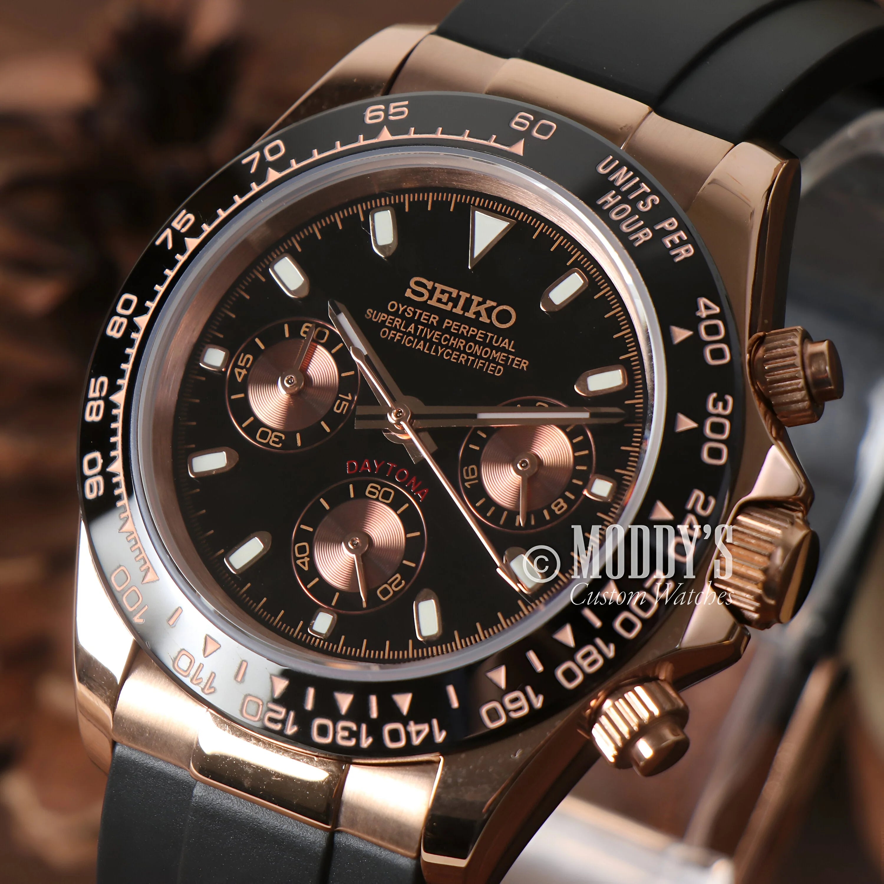 Seitona Rose Gold Seiko Mod Daytona Chronograph With Black Dial And Rose Gold Case