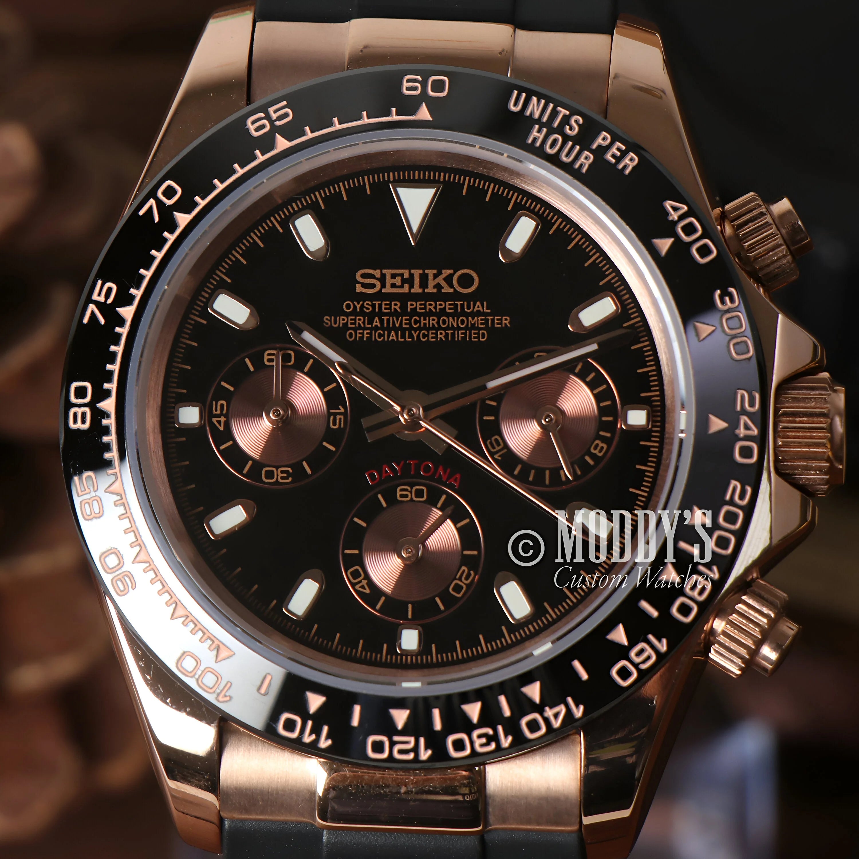 Seitona Rose Gold: Seiko Mod Daytona-style Chronograph With Black Dial And Rose Gold Case