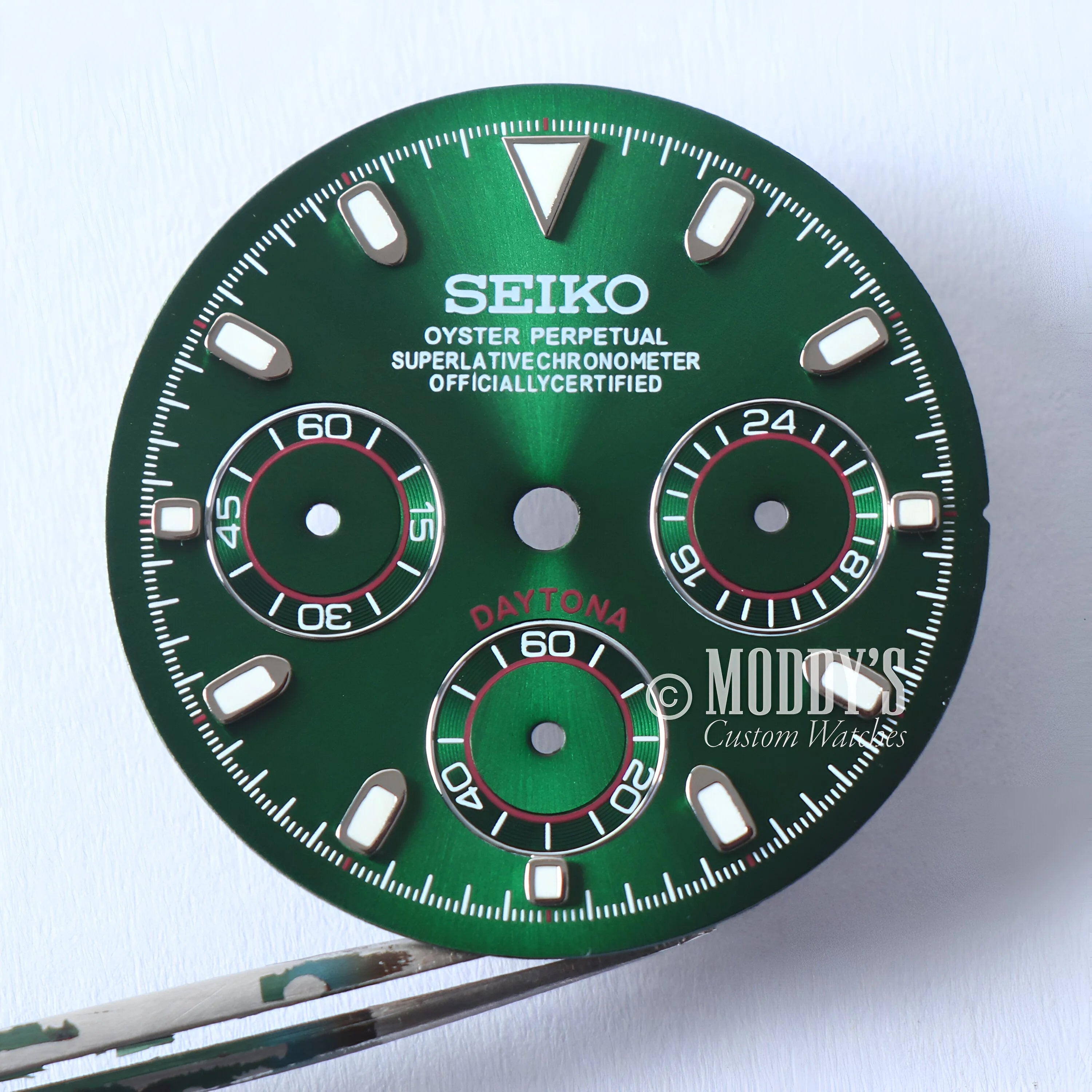 Green Seiko Mod Daytona Gold Watch Dial With Three Subdials And Luminous Hour Markers