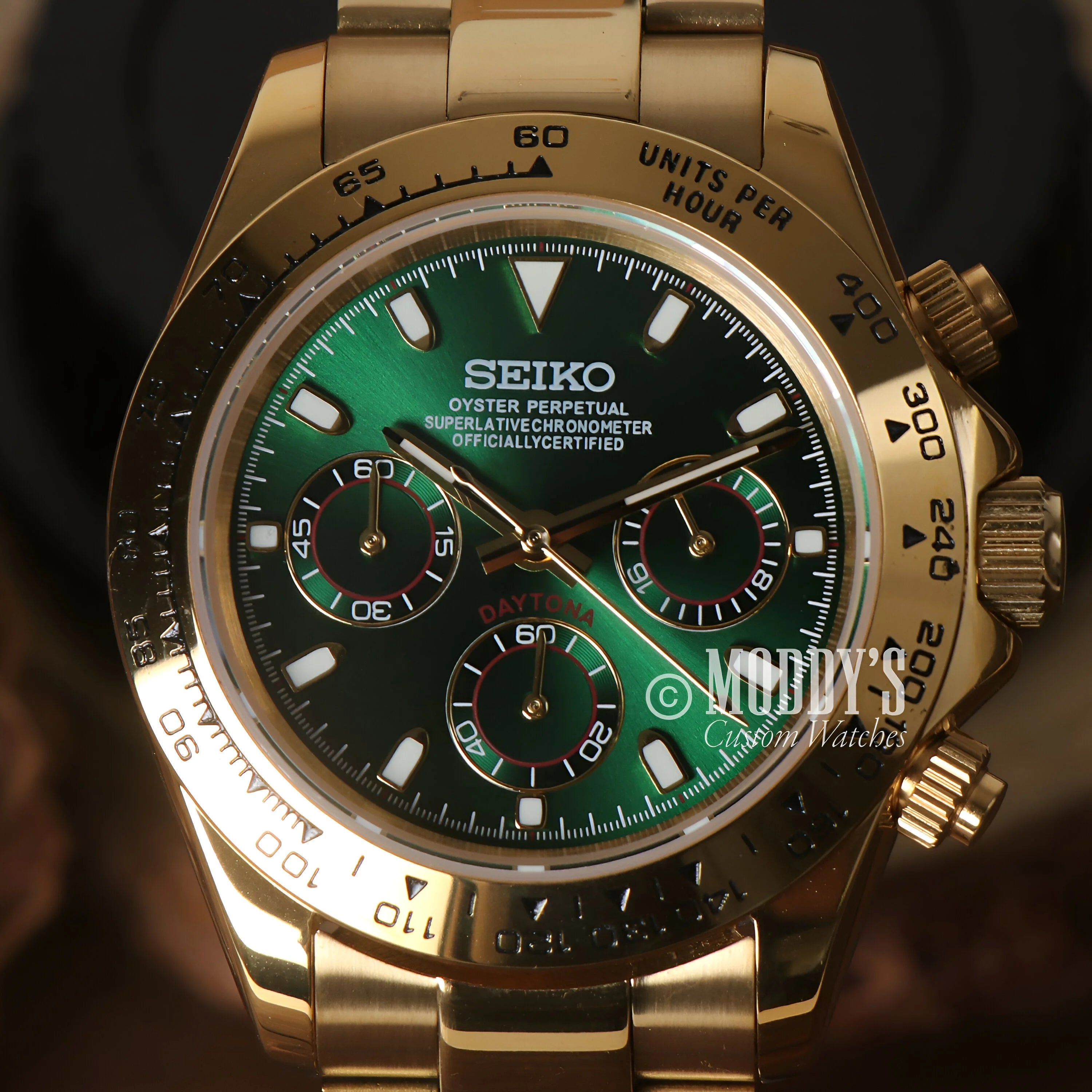 Seitona Gold - Green: Gold Seiko Wristwatch, Green Dial, Chronograph Subdials. Mod Daytona Style