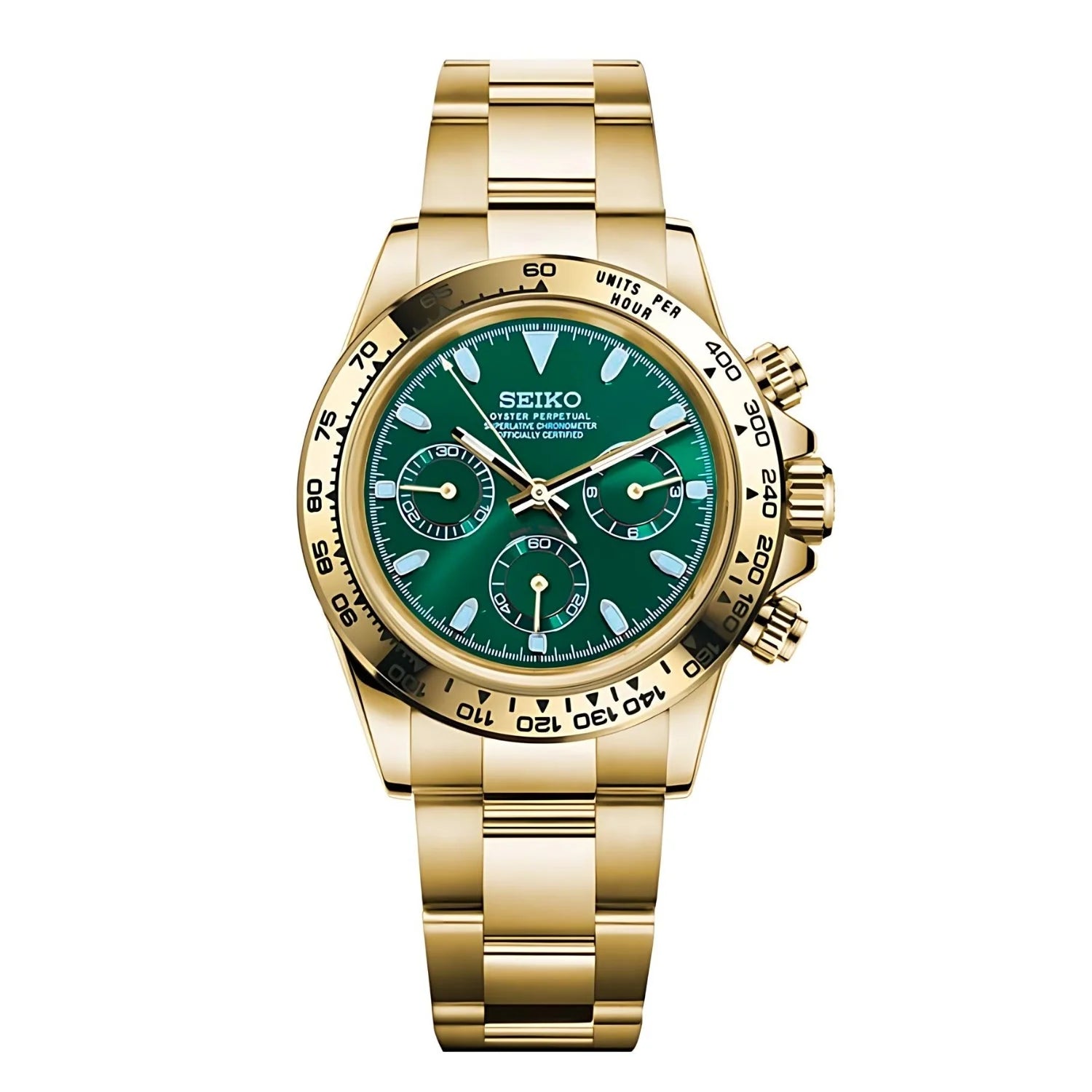 Seitona Gold - Green: Gold Seiko Wristwatch With Green Dial, Chronograph; Mod Daytona Gold