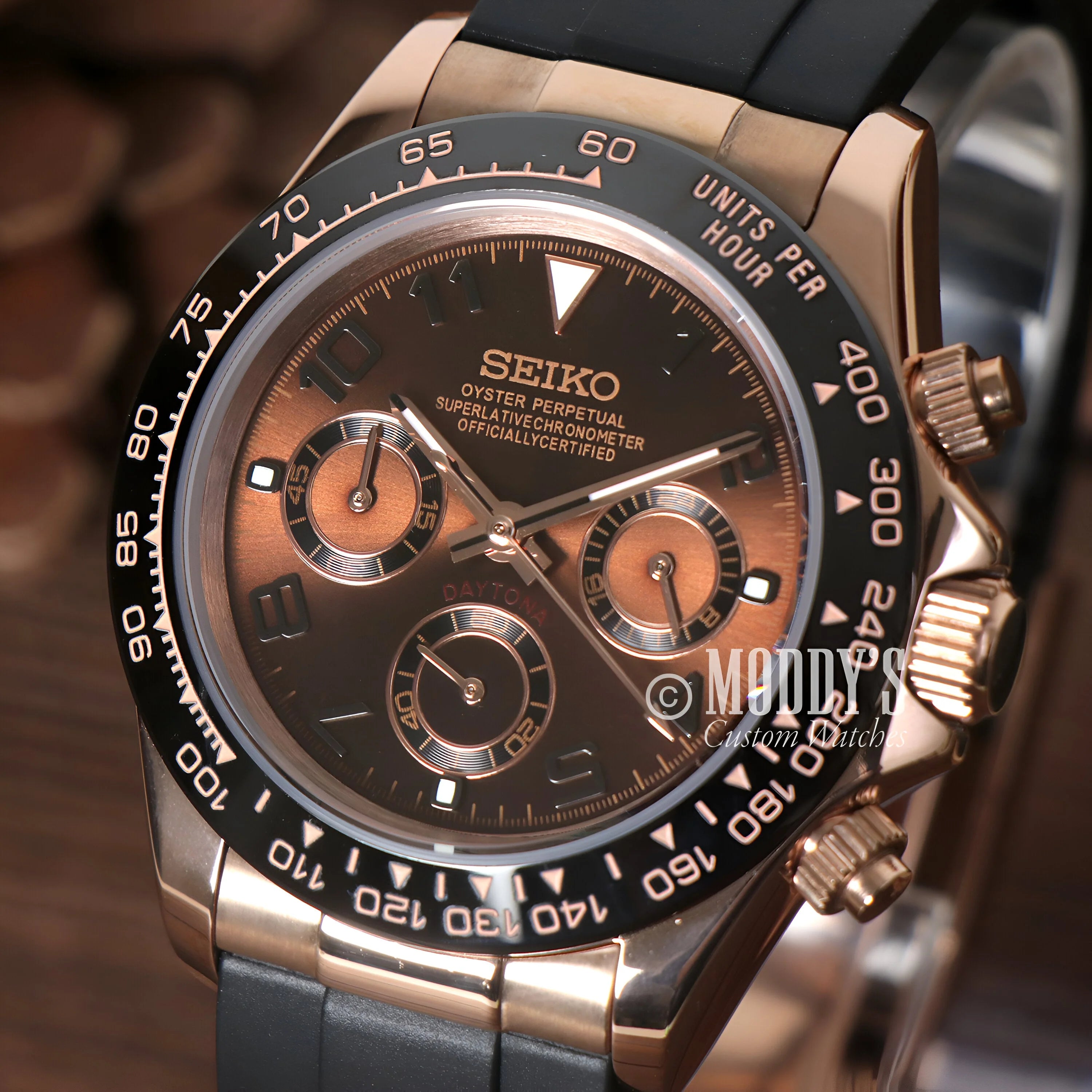 Luxury Seiko chronograph wristwatch with rose gold case and brown dial, Seiko Mod Daytona