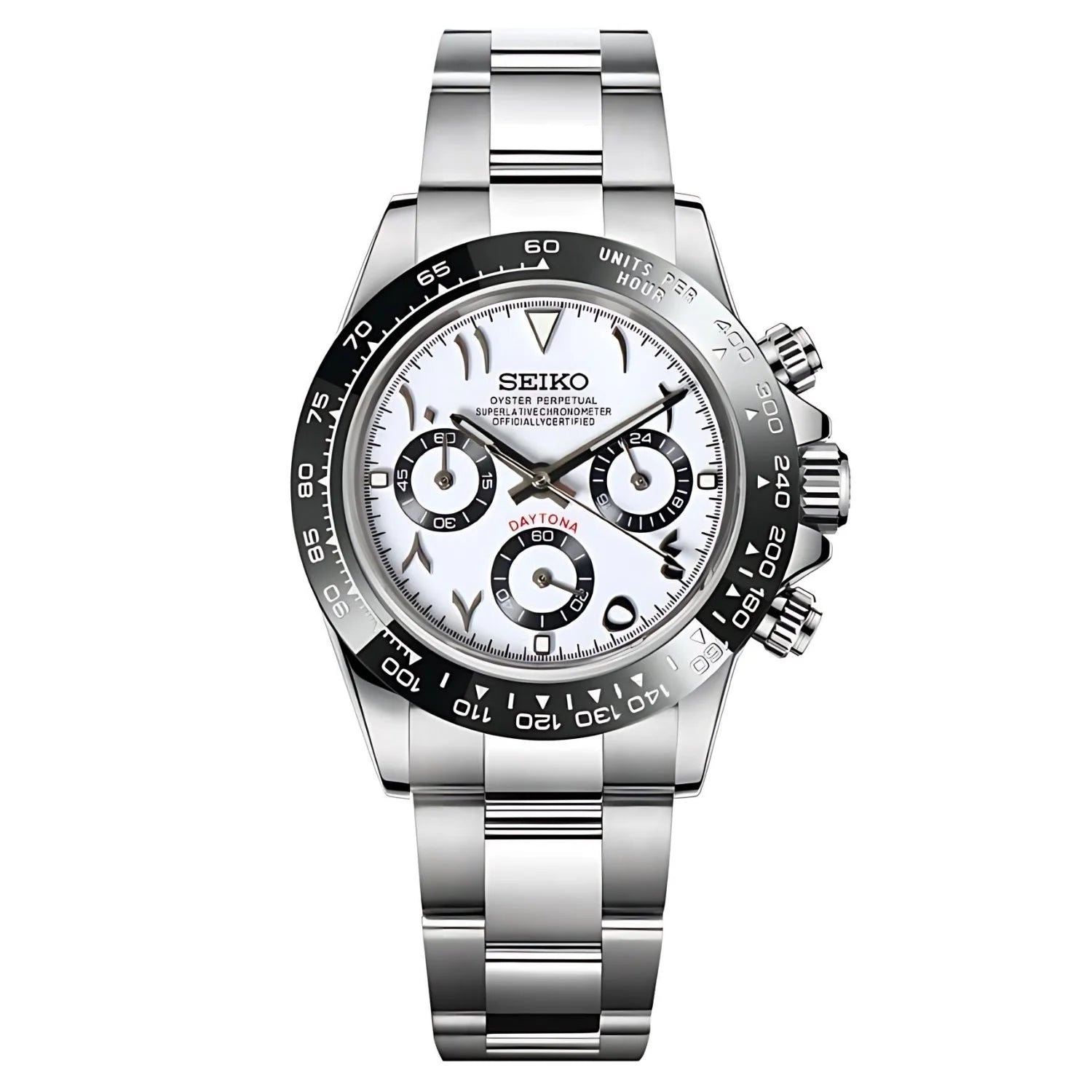 Stainless Steel Seiko Chronograph Wristwatch with White Dial and Black Bezel, Seiko Mod Daytona