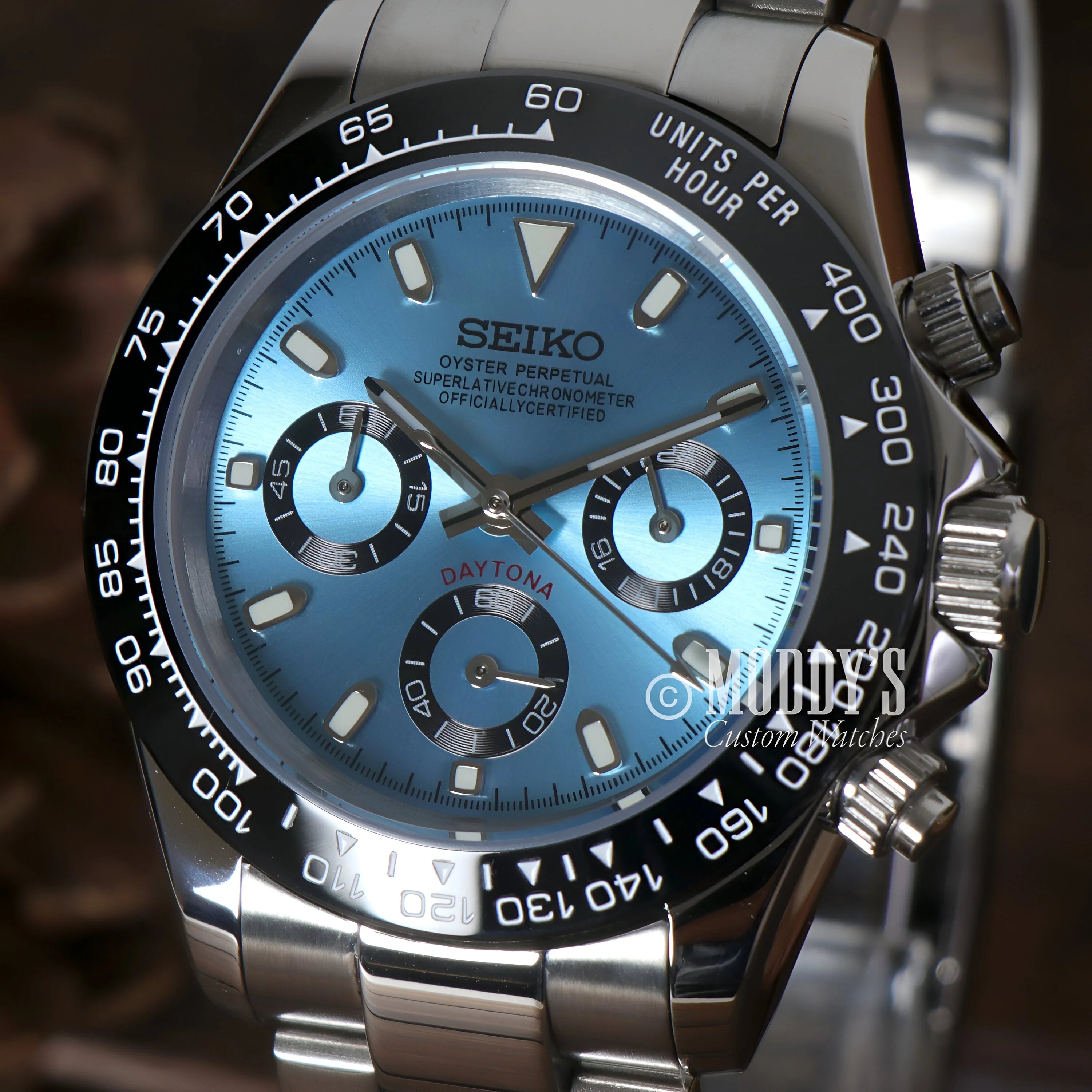 Seiko wristwatch with blue dial and chronograph subdials from Seiko Mod Daytona collection