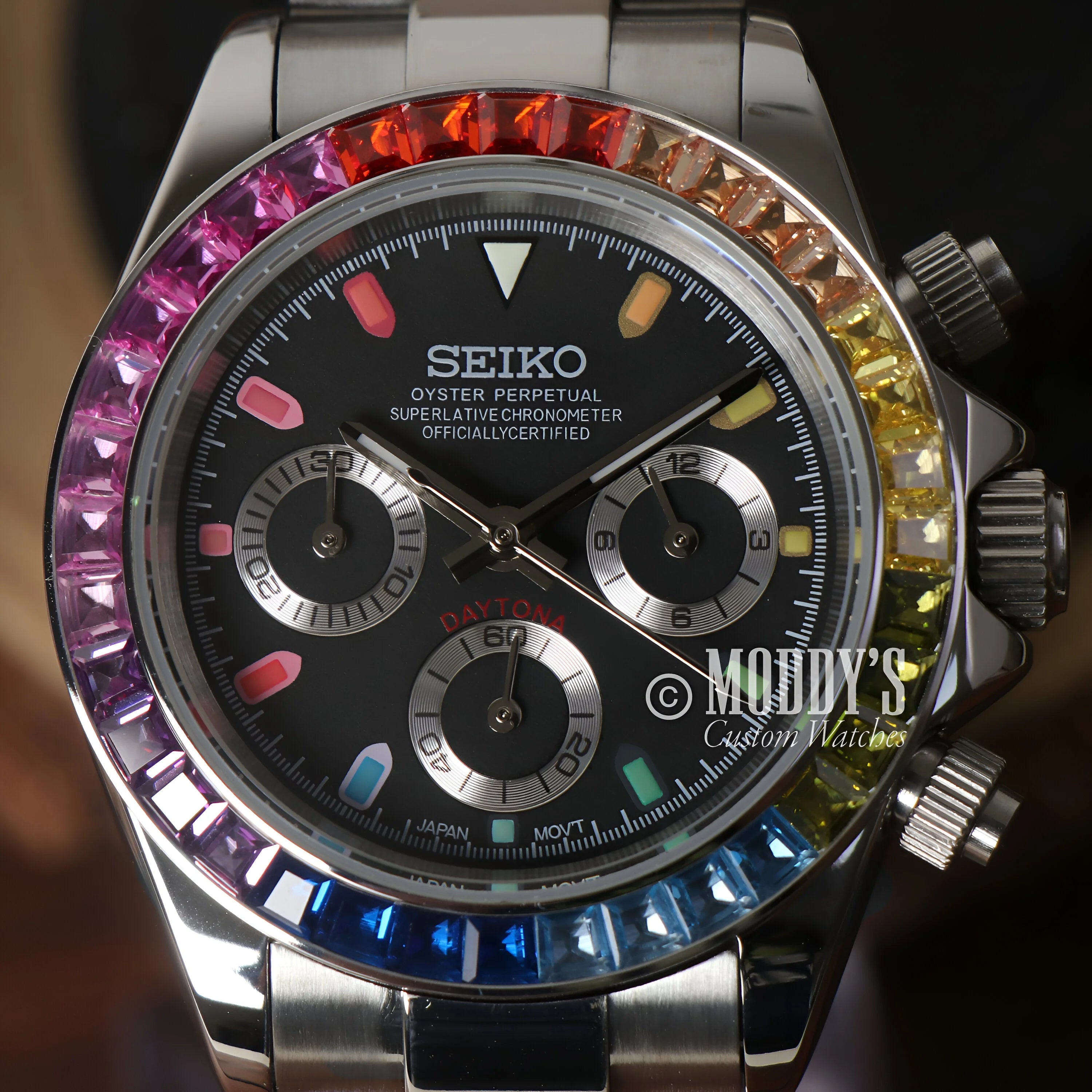 Seitona Rainbow Seiko Mod Daytona With Gemstone Bezel And Chronograph Subdials