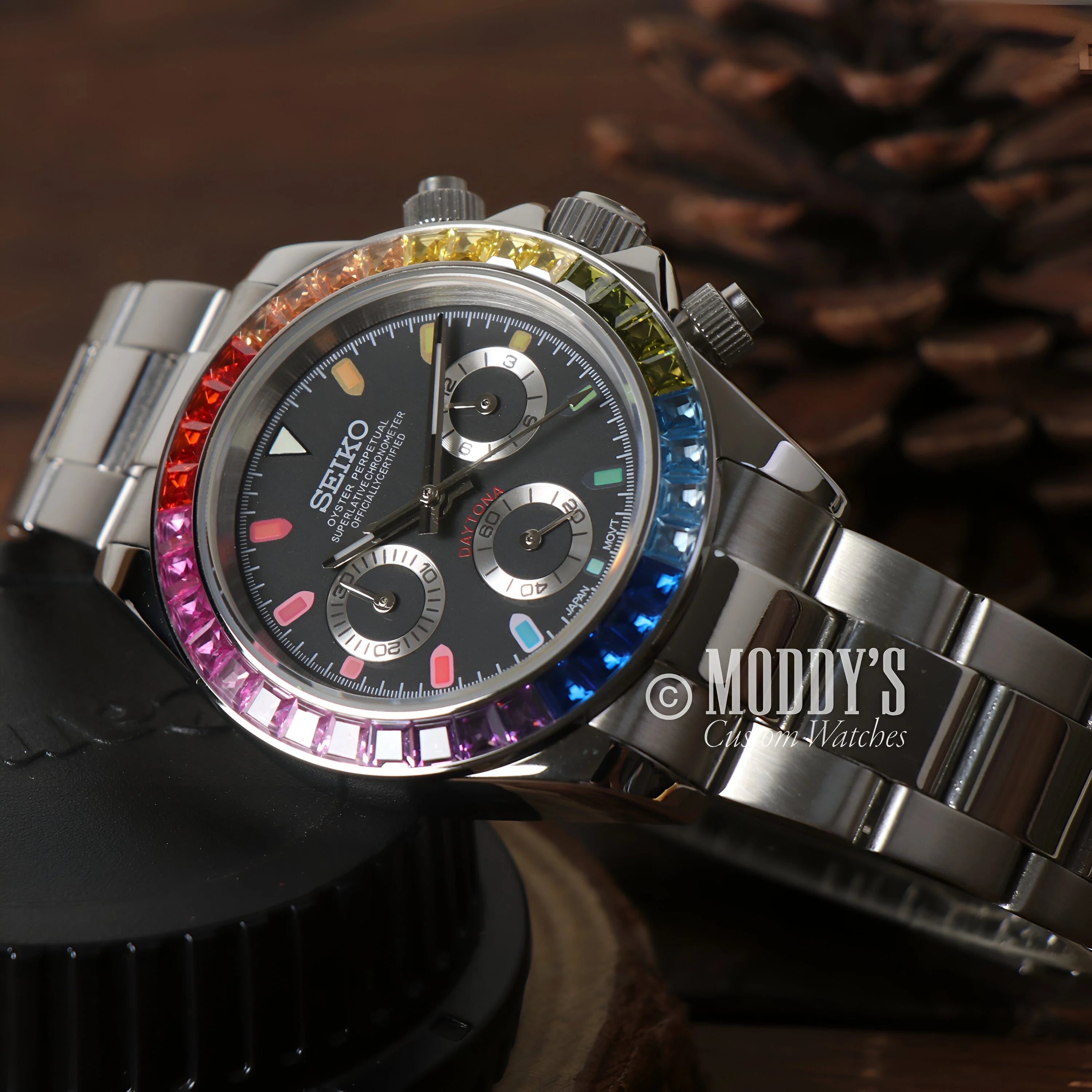 Seitona Rainbow Seiko Mod Daytona With Rainbow Gemstone Bezel And Stainless Steel Bracelet