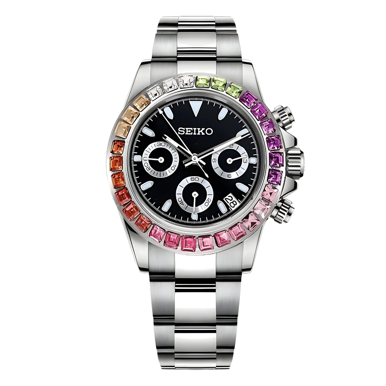 Seiko Mod Daytona - Seiko Wristwatch With Rainbow Gemstone Bezel And Chronograph Subdials