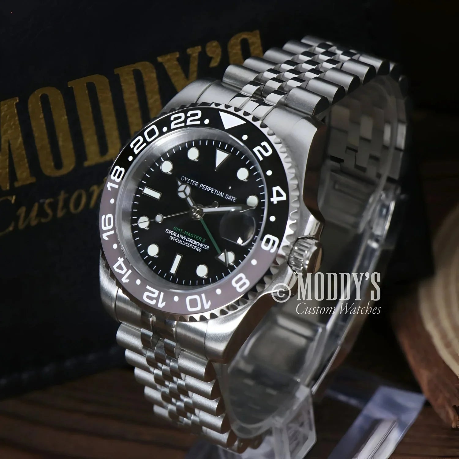 Silver Rolex GMT-Master II watch in GMTeiko Bruce Wayne with NH34 automatic movement