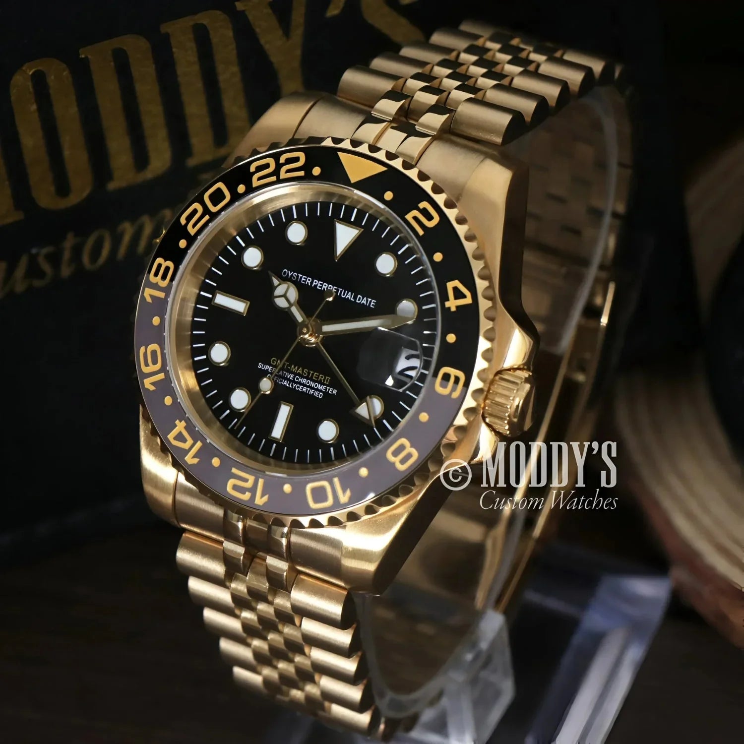 Gold Rolex GMT-Master II watch from GMTeiko featuring NH34 automatic movement