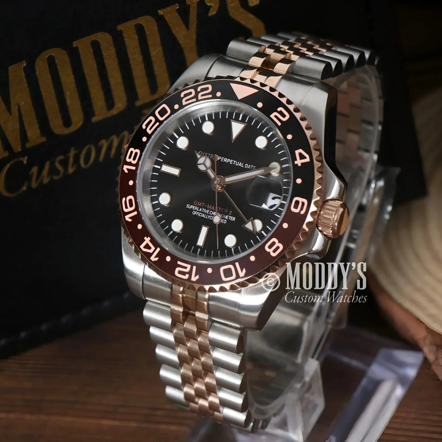 Two-tone GMTeiko Rootbeer wristwatch with black dial and Seiko NH34 automatic movement