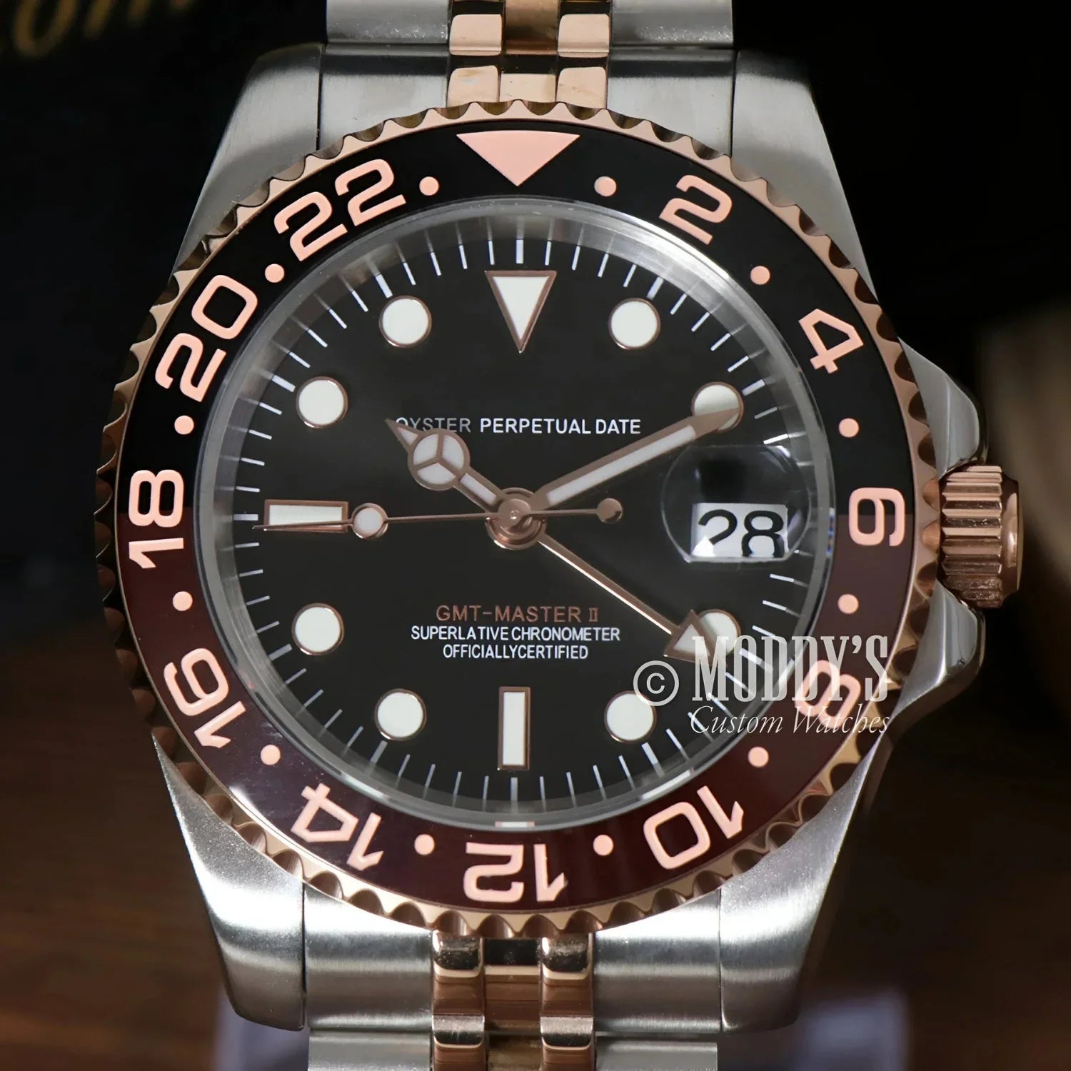 Two-tone Rolex GMT-Master II wristwatch GMTeiko Rootbeer with Seiko NH34 automatic movement