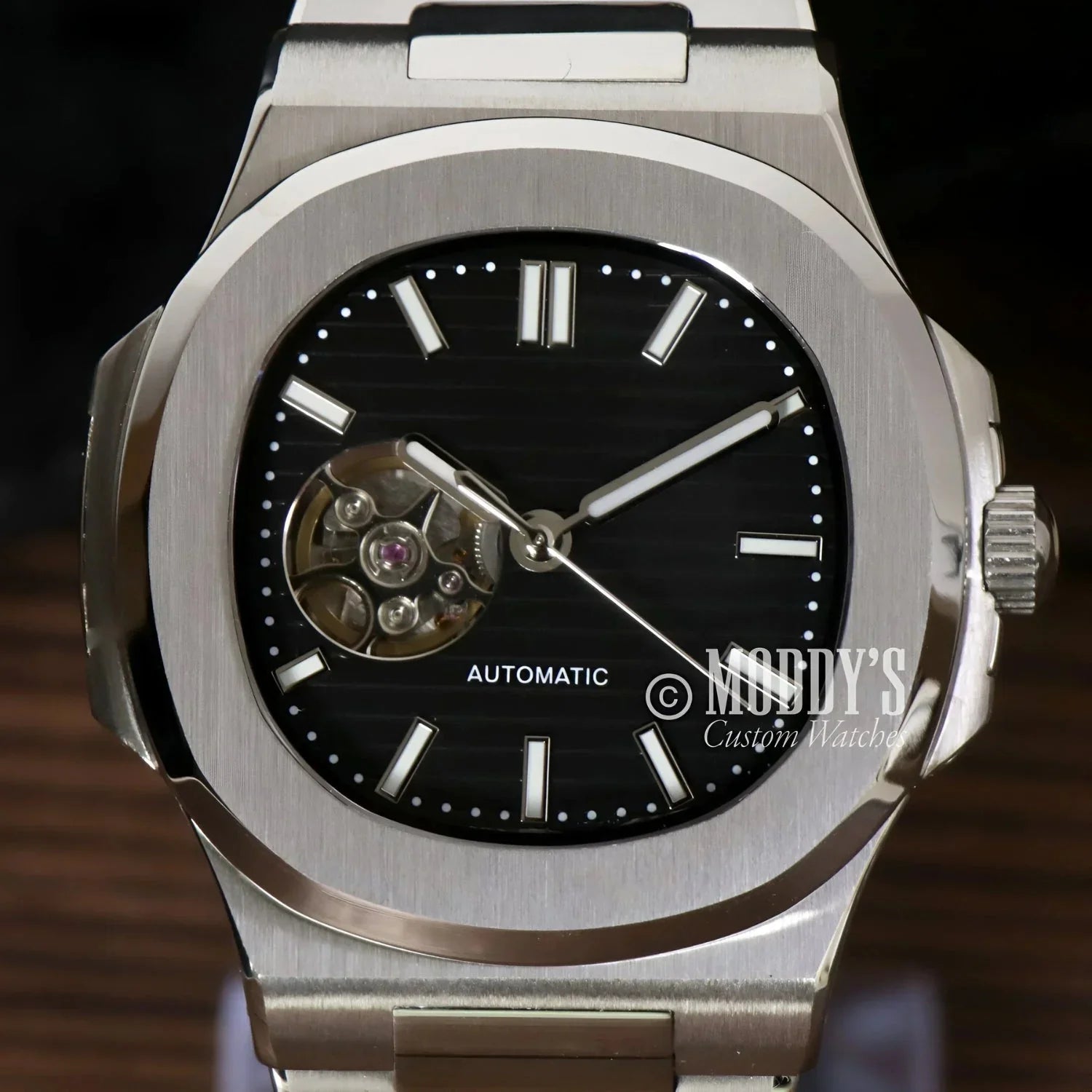 Silver-toned Nautiko Black Open Movement wristwatch with NH38 automatic movement