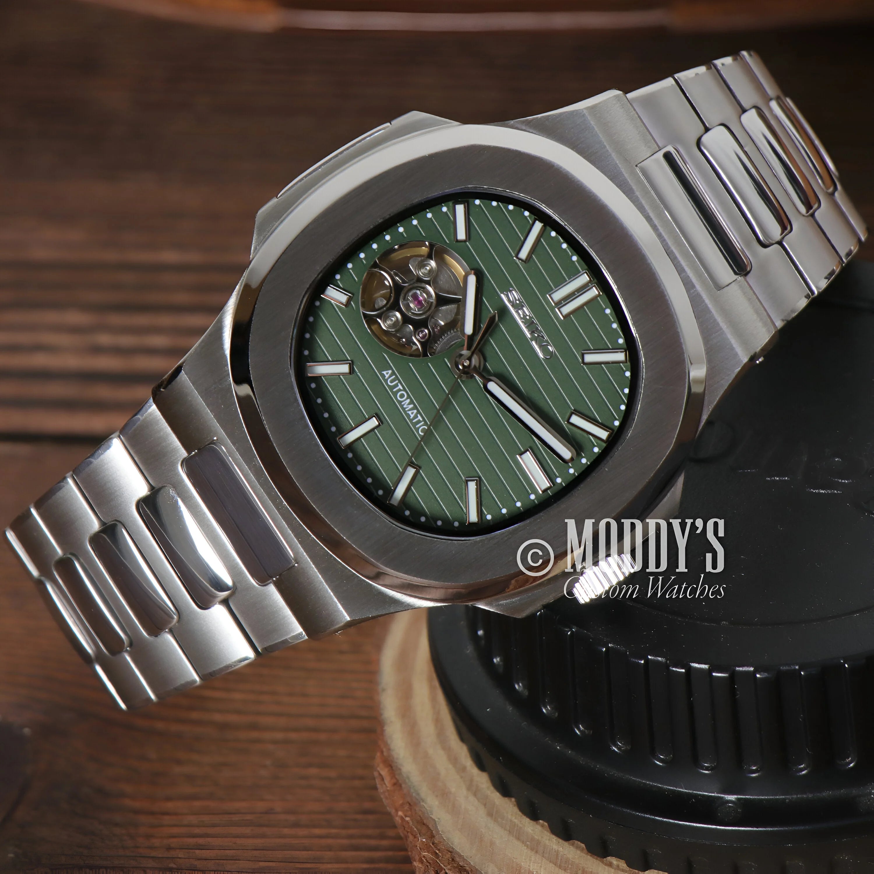 Nautiko Olive Green Open Movement: Luxury Stainless Steel Wristwatch, Visible Movement, Green Dial