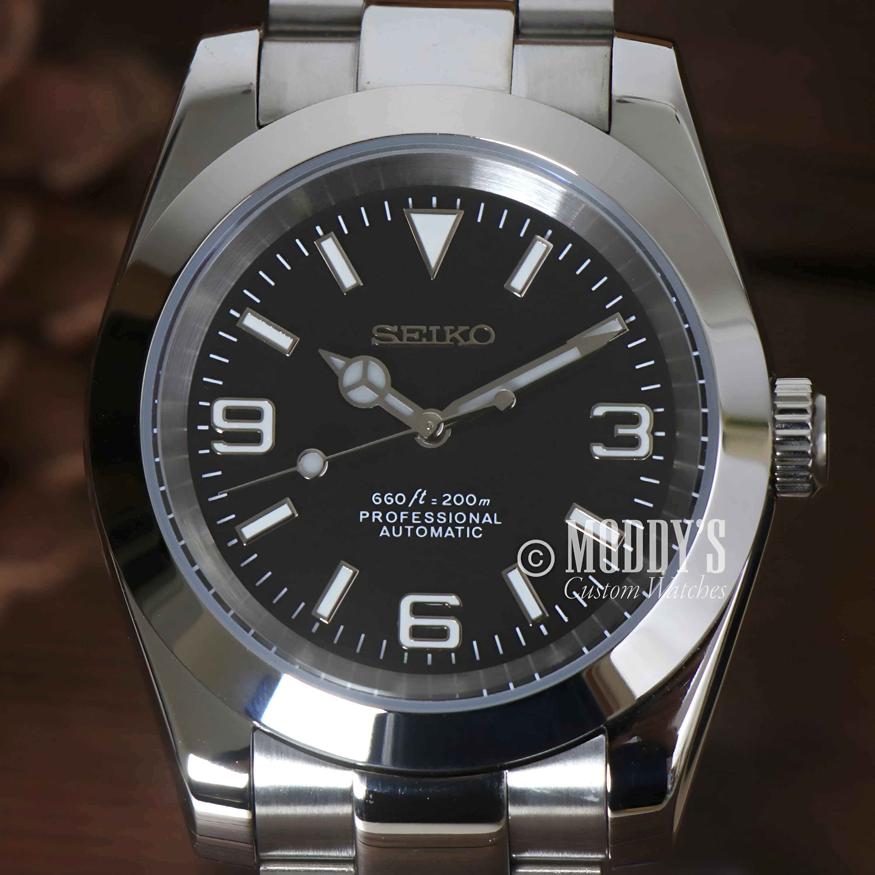 Oysteiko Black Explorer Seiko Mod Watch With Black Dial & Stainless Steel Bracelet