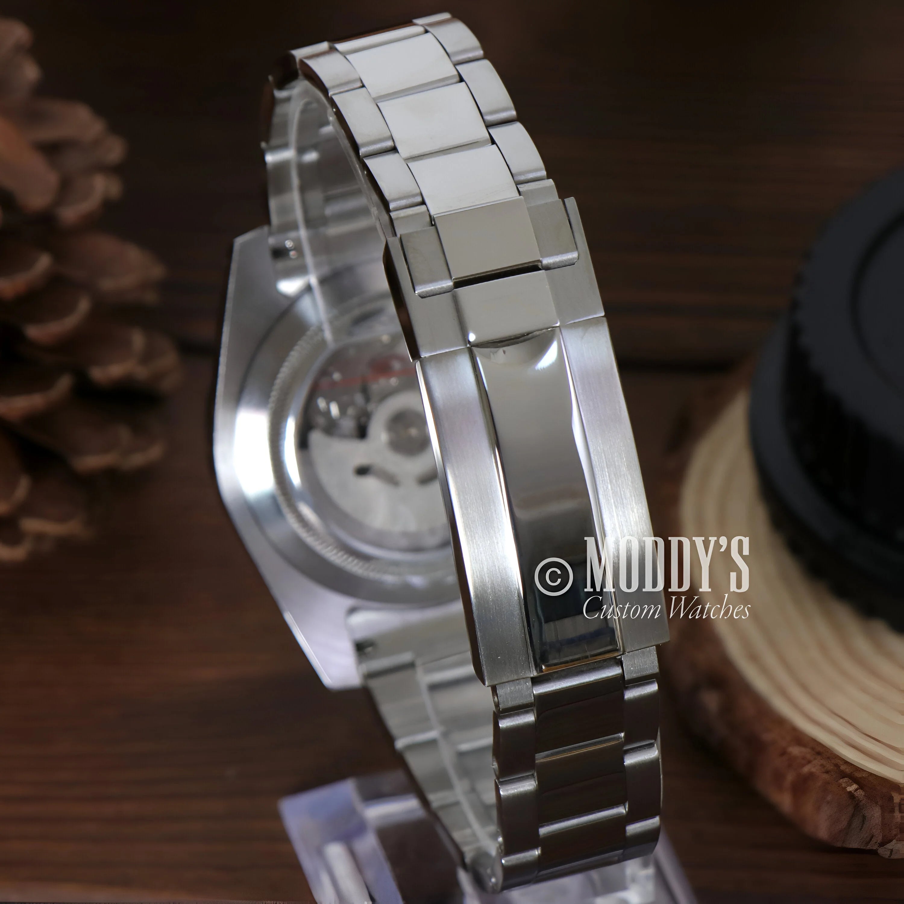 Silver Metal Wristwatch With Link Bracelet Band, Oysteiko Black Explorer Seiko Mod Oyster