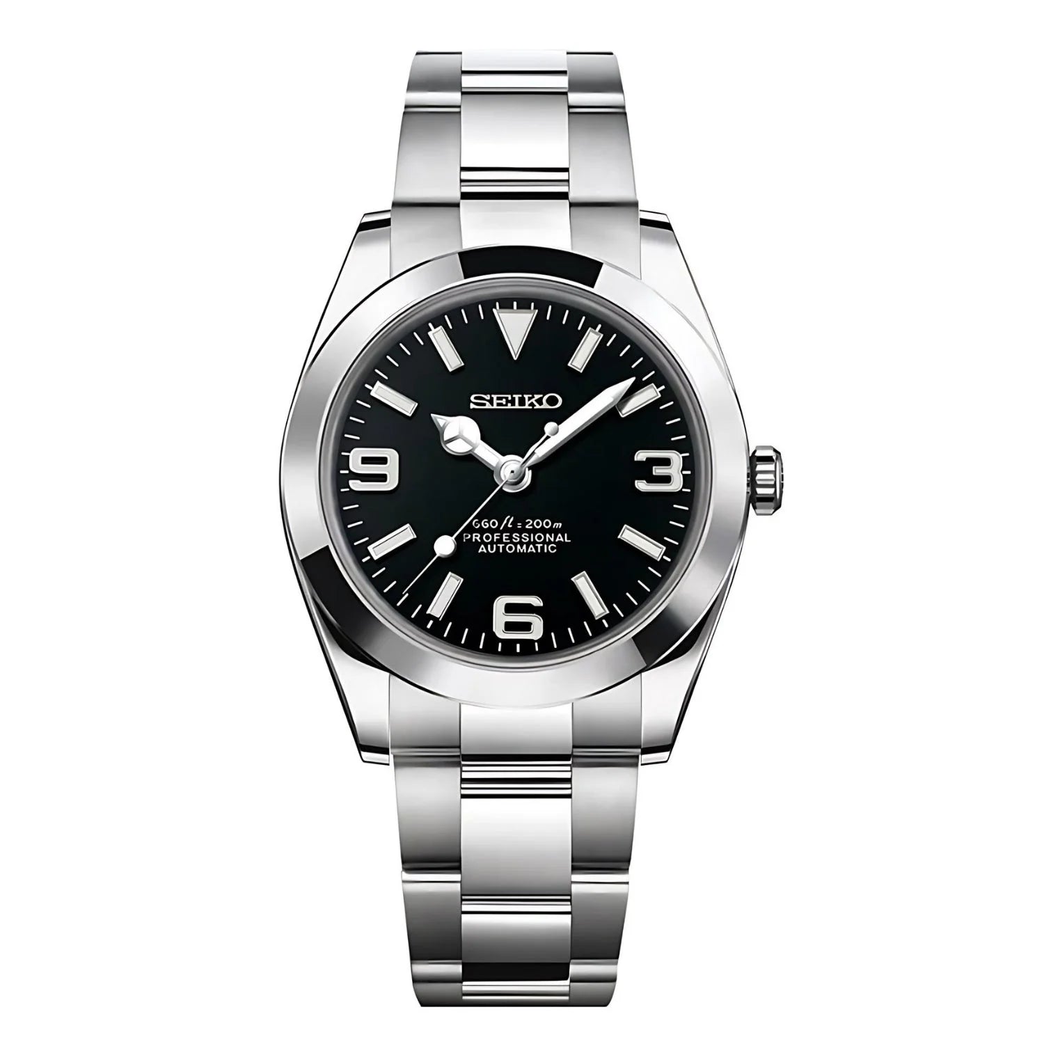 Oysteiko Black Explorer: Stainless Steel Seiko Mod Oyster With Black Dial & Silver Hands