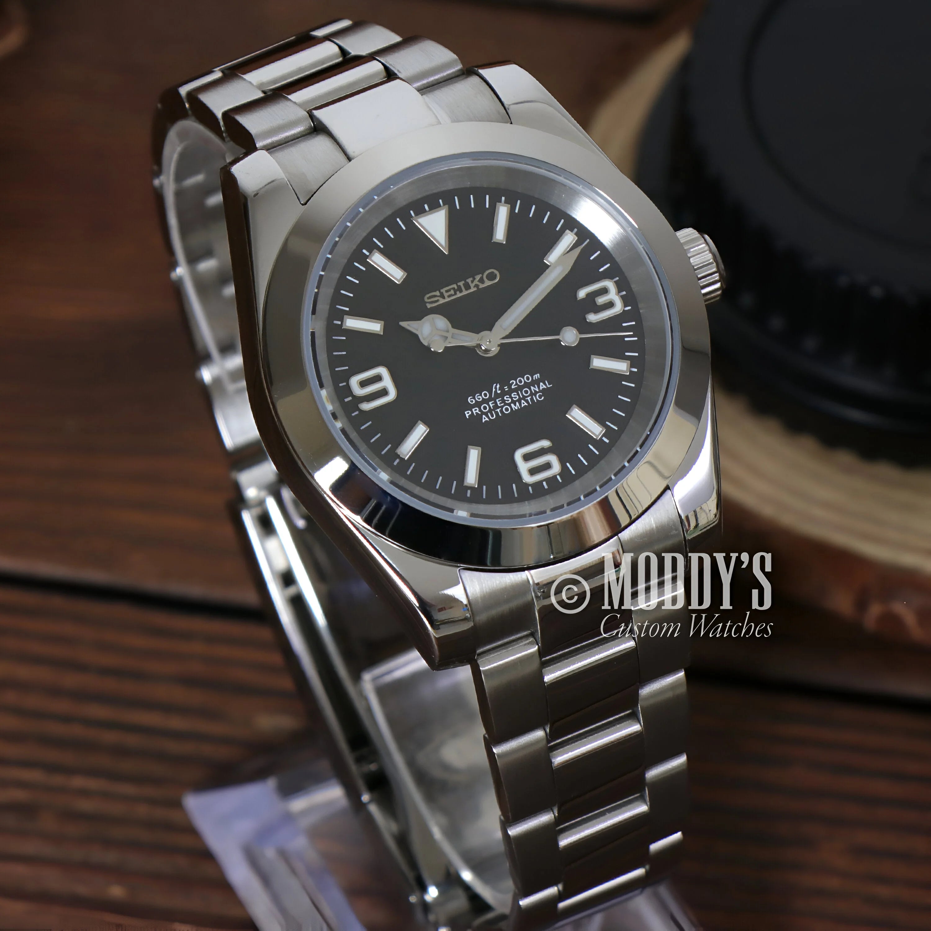 Seiko Mod Oyster Black Explorer With Stainless Steel, Black Dial, And Prominent Hour Markers
