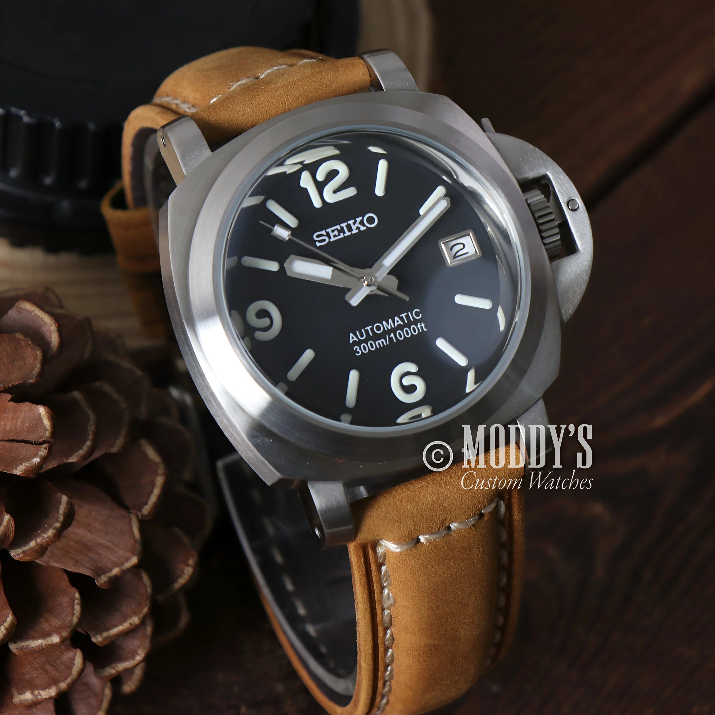 Paneiko Black (sand Leather) Watch With a Black Dial And Leather Strap, Seiko Mod Panerai