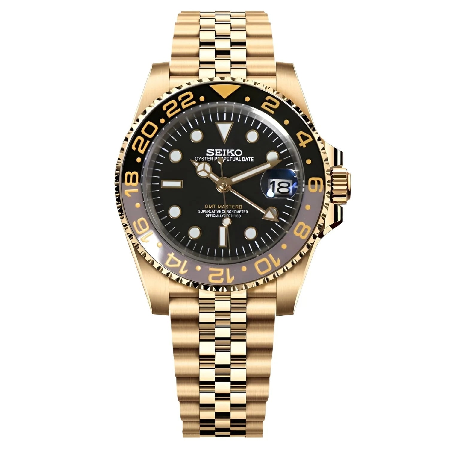 Gold and Steel Luxury Wristwatch GMTeiko Gold with Black Dial and 904L Stainless Steel