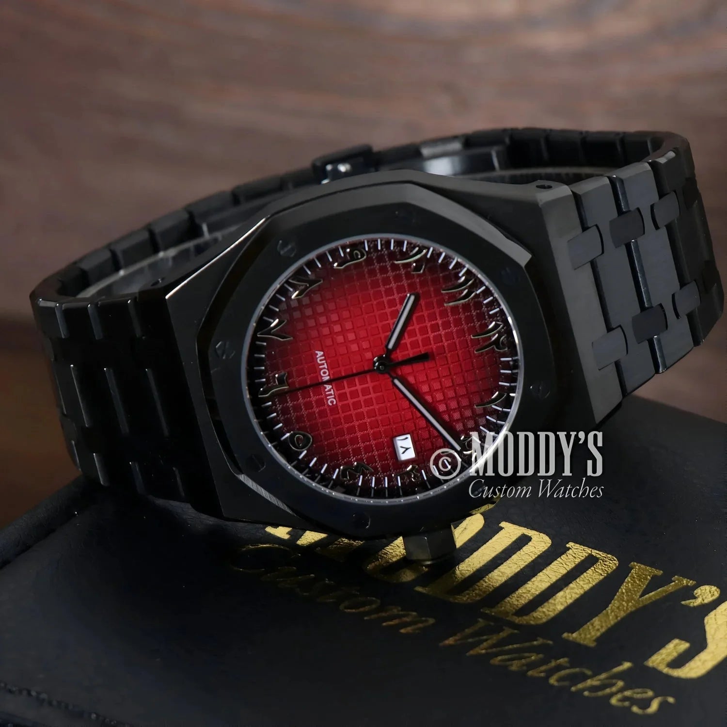 Black wristwatch with red face from Royal Seikoak featuring NH35 automatic movement