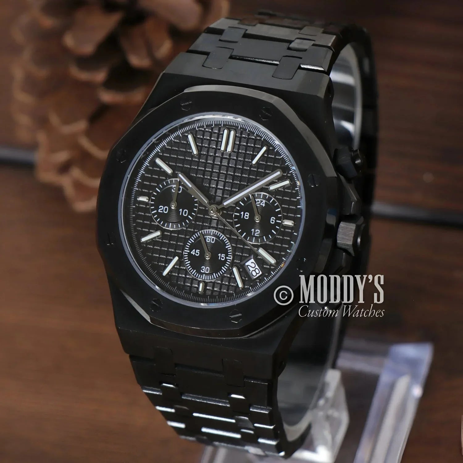 Black chronograph wristwatch Royal Seikoak Chrono Triple Black with Seiko VK63 hybrid movement