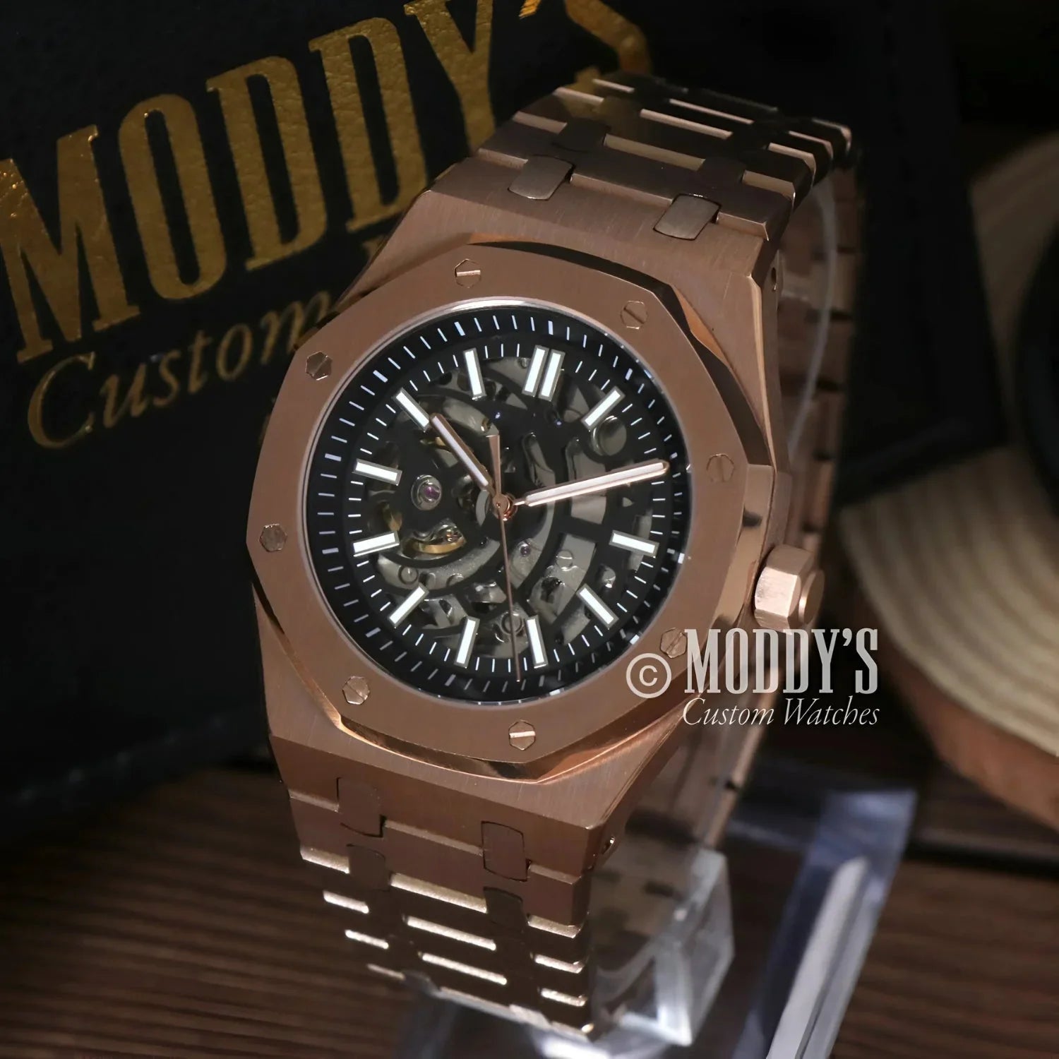 Rose gold skeleton wristwatch from Royal Seikoak, inspired by Royal Oak design