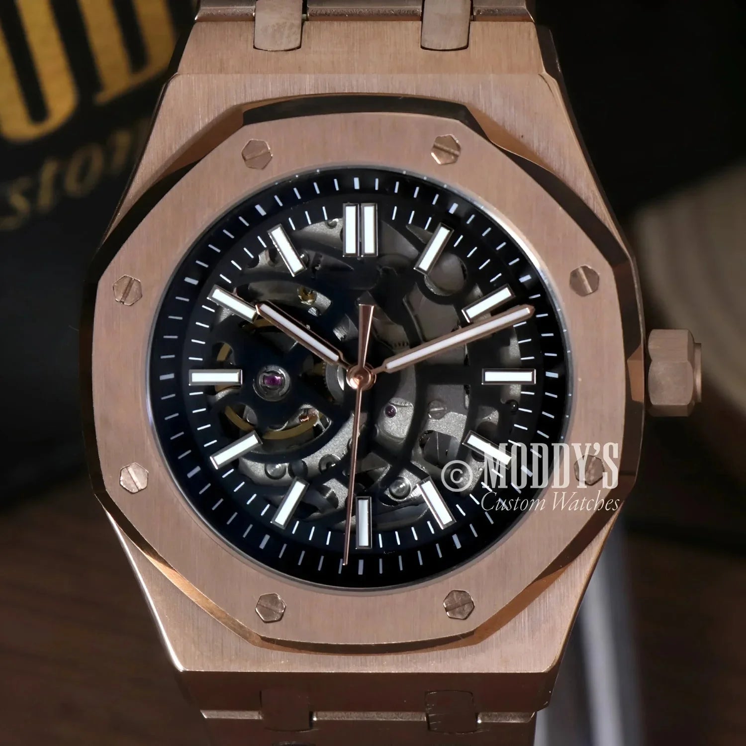 Rose Gold Skeleton Wristwatch from Royal Seikoak, perfect for Seiko mod enthusiasts