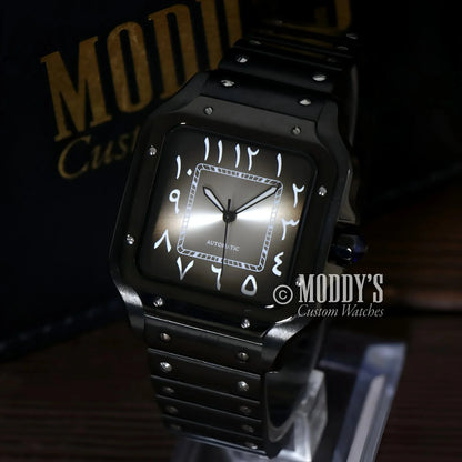 Black Ghost Arabic wristwatch featuring NH35 automatic movement and stylish Arabic numerals