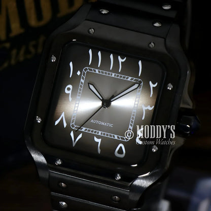 Black Ghost Arabic wristwatch featuring NH35 automatic movement and Arabic numerals