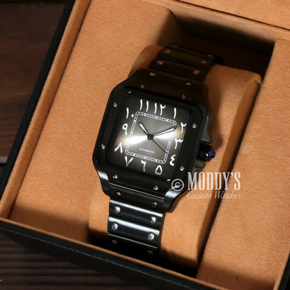 Black Ghost Arabic wristwatch featuring NH35 automatic movement and Arabic numerals